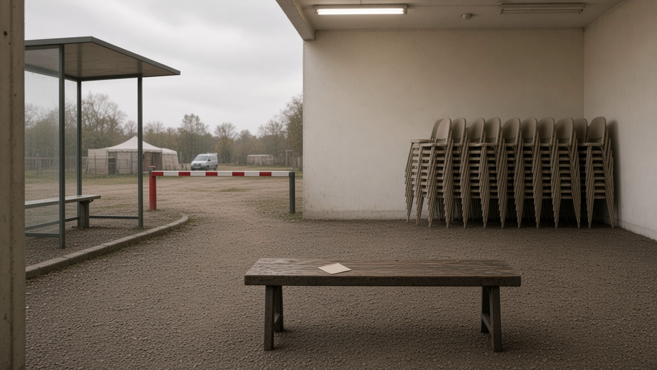 Arrêt de covoiturage communal, barrière, ticket sur un banc, abri vide, van au loin.