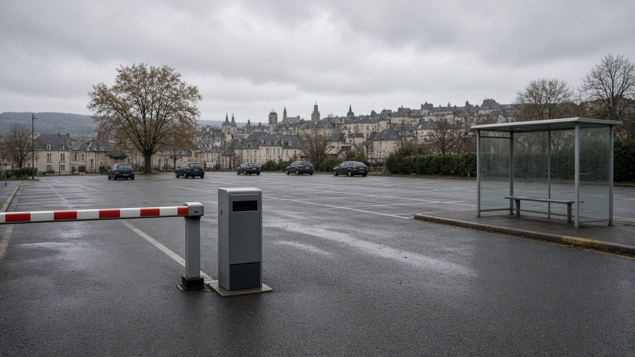 Parking-relais, barrière baissée, borne de compostage, abribus, bitume vide.