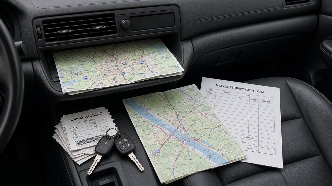 Tableau de bord, deux cartes, tickets de péage, note de frais kilomètres.