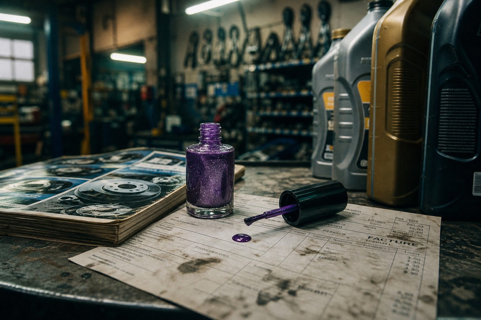 Comptoir de magasin de pièces, facture tachée, flacon de vernis violet pailleté ouvert.