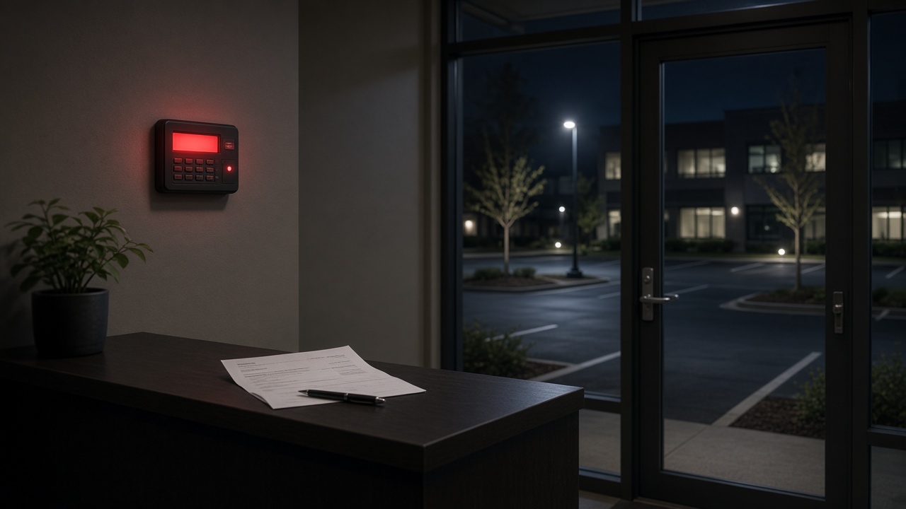 Hall de nuit, clavier d’alarme, facture pliée, parking vide derrière la vitre.