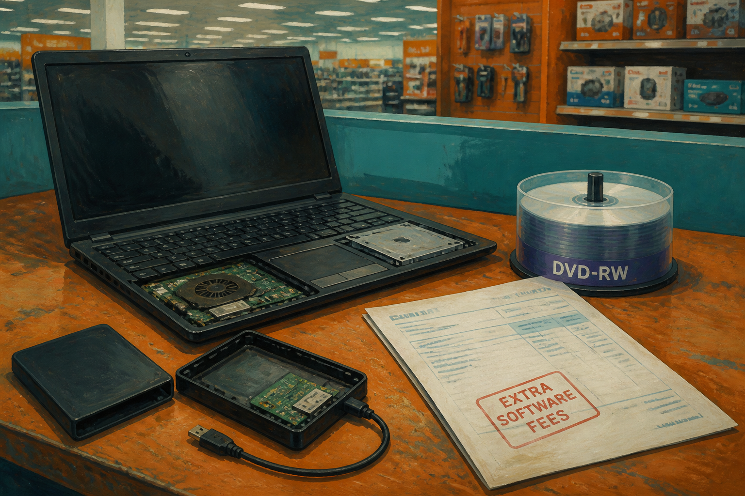 Atelier informatique, disques DVD-RW, disque externe, facture de frais logiciels.
