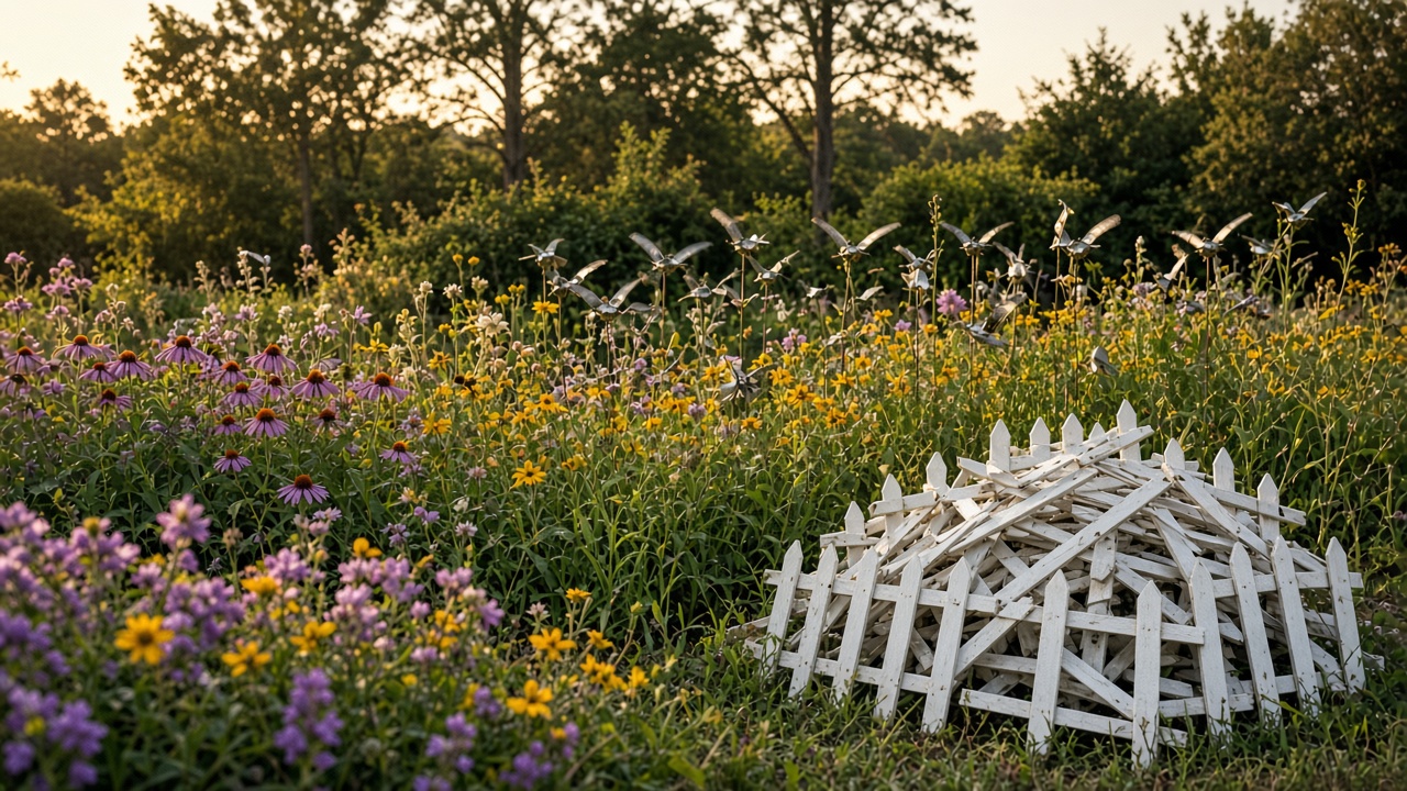 Plates-bandes, piquets blancs déposés, girouettes d’oiseaux dans le vent.