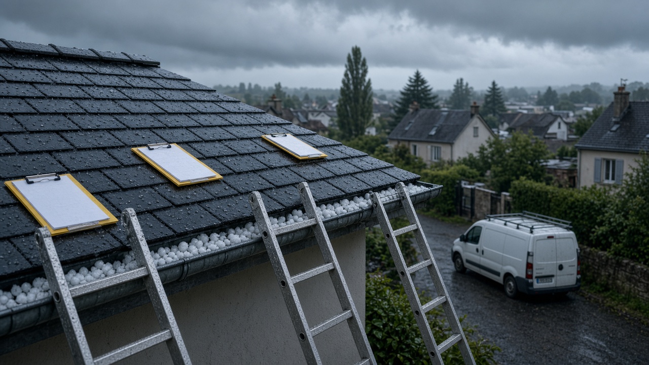 Toit d’ardoise mouillé, grêle, trois échelles, chemises d’inspection.