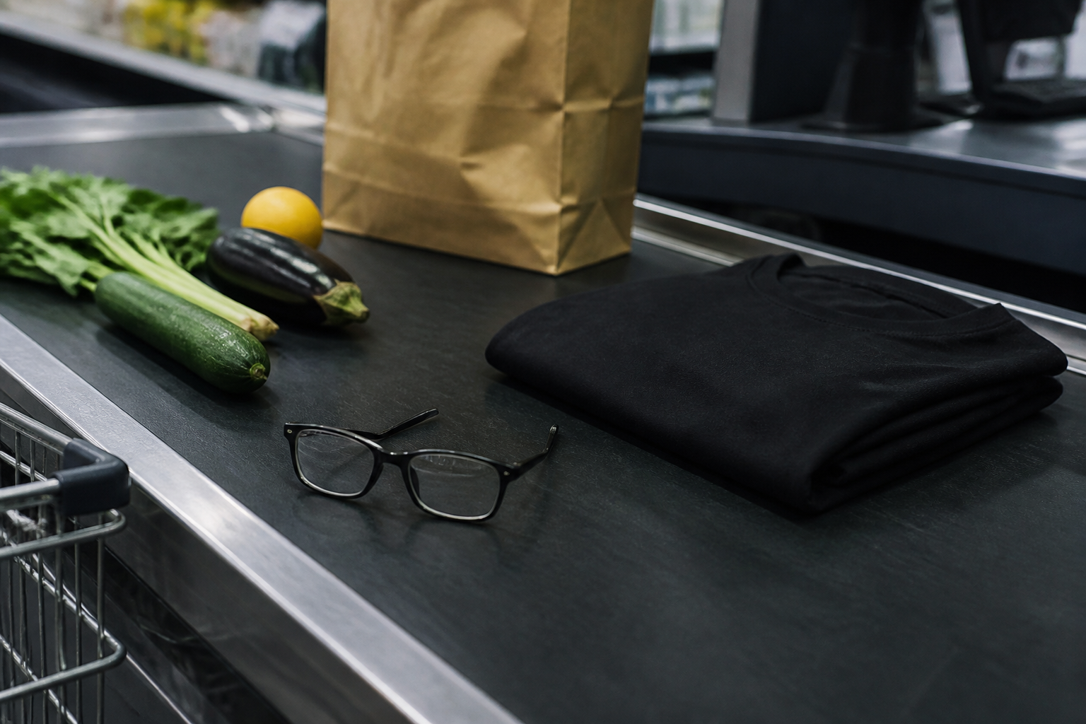 T-shirt noir et lunettes posés sur un tapis de caisse.