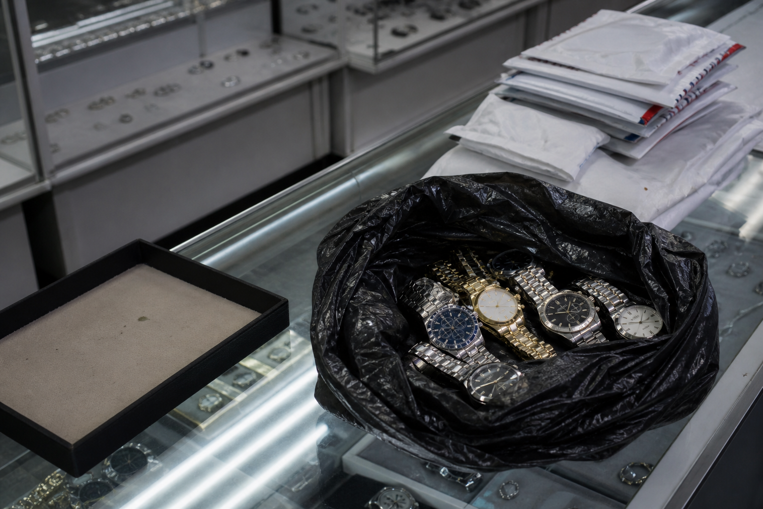 Comptoir de magasin d’usine, sac-poubelle ouvert avec des montres, enveloppes d’envoi à côté.