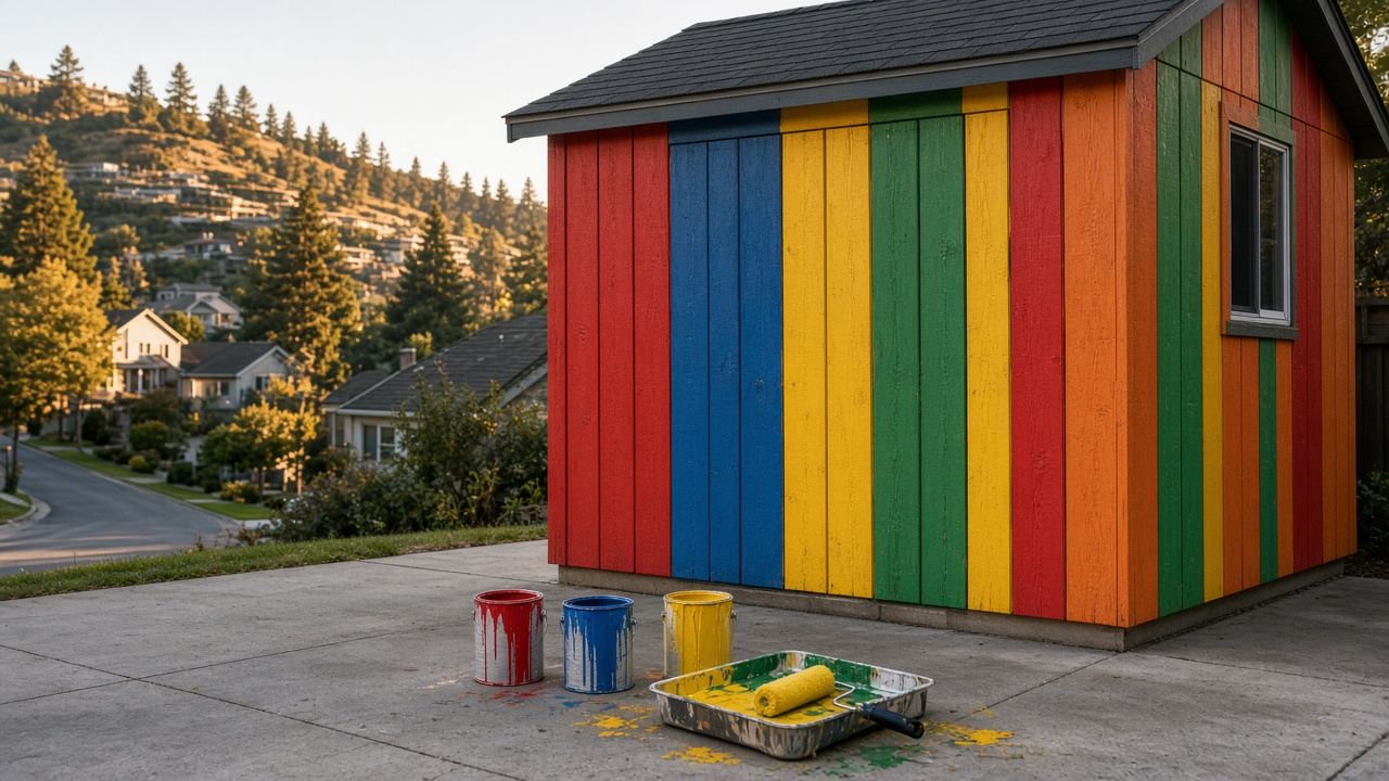 Garage en planches de cèdre, chaque lame d’une couleur primaire, pots de peinture sur l’allée.