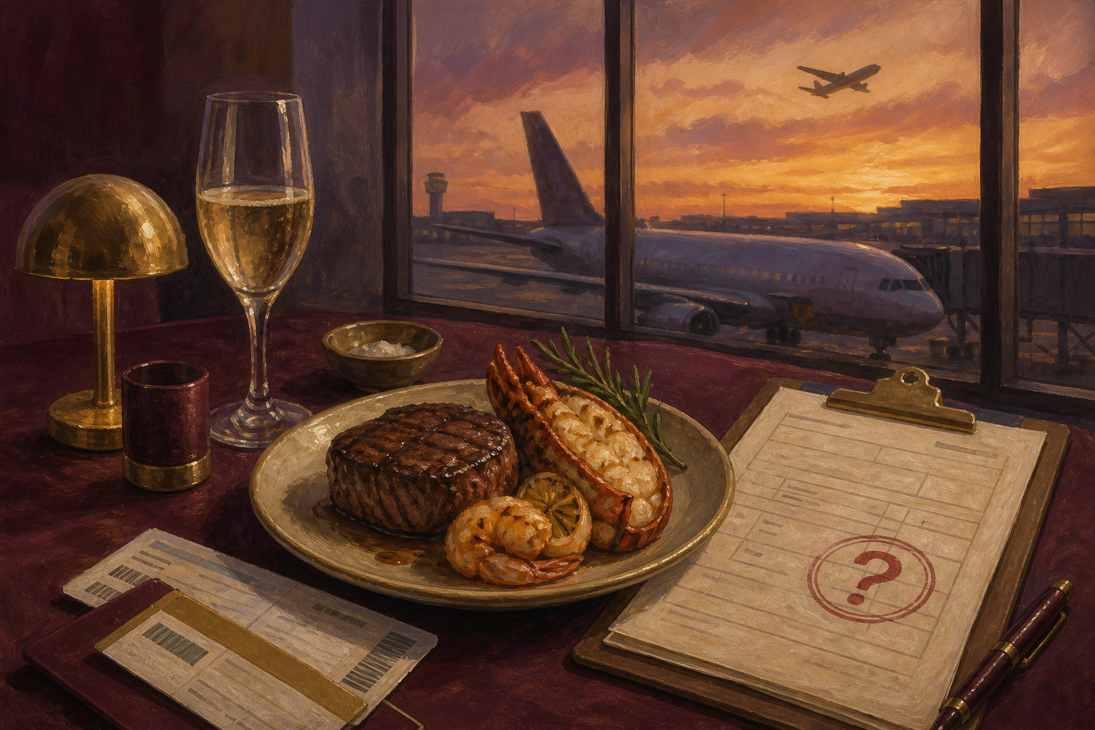 Table d’aéroport, steak et fruits de mer, carte d’embarquement, note de frais.