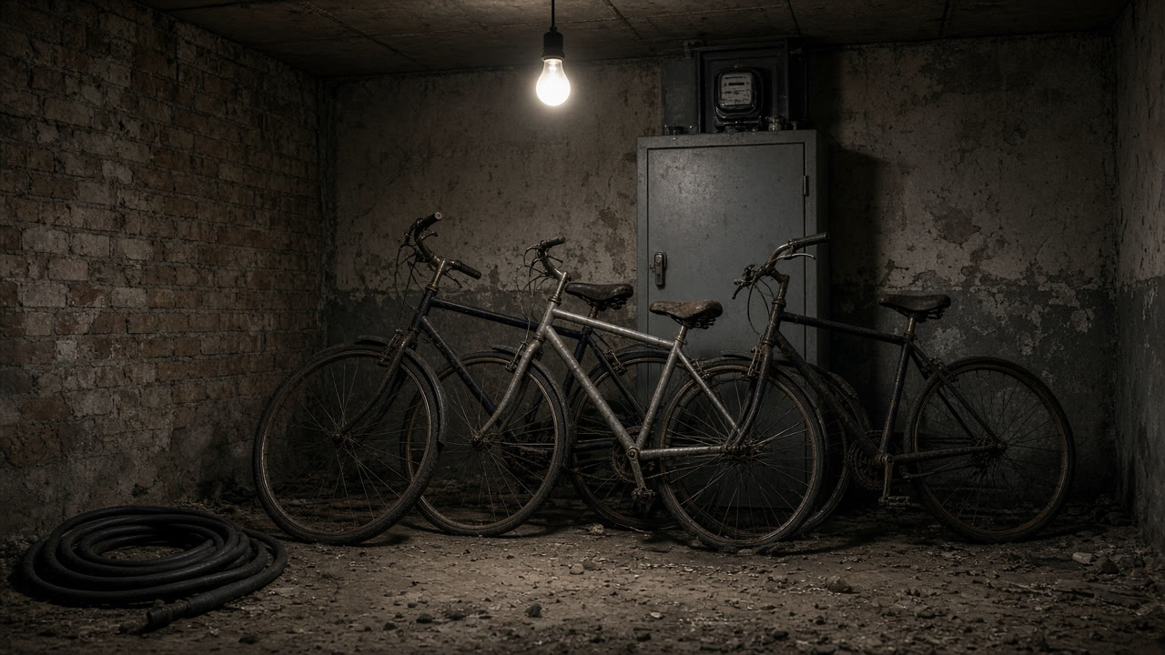 Cave en béton, vélos coincés devant le compteur, ampoule nue, sol poussiéreux.