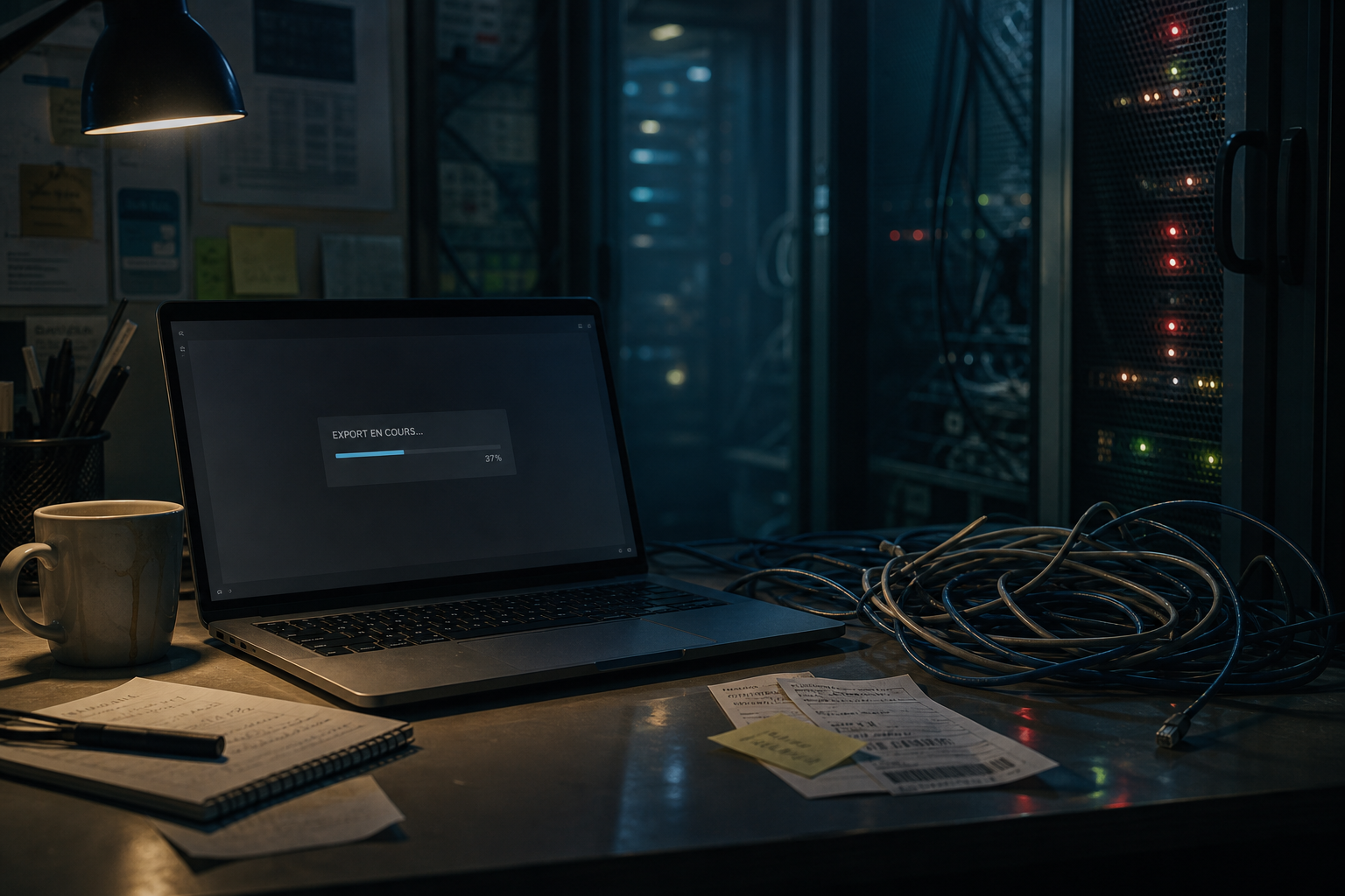 Laptop de nuit en salle serveurs, barre d’export bloquée, câbles et café froid.