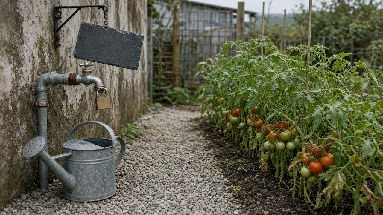 Robinet de potager cadenassé, arrosoir, tomates, ardoise vide, allée de gravier.