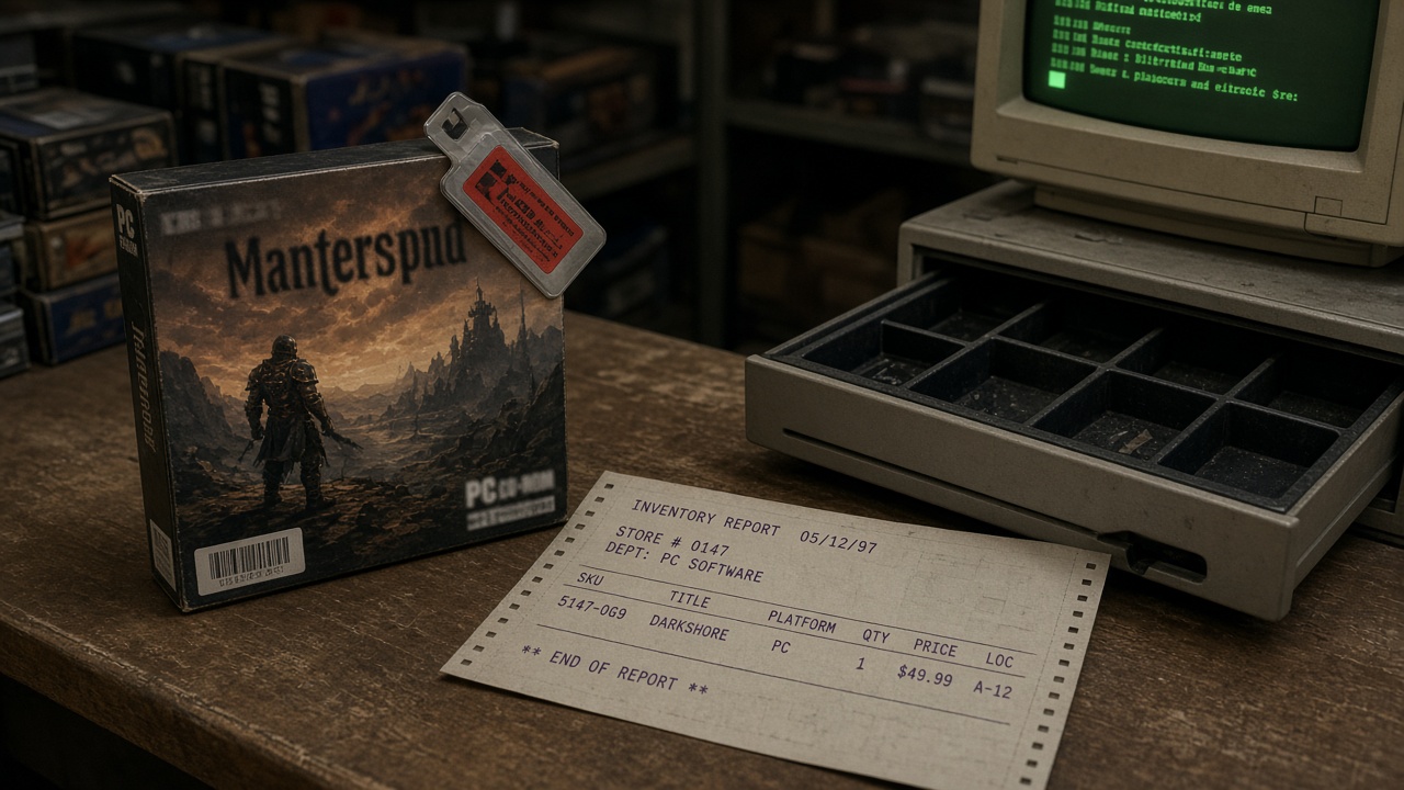 Comptoir de boutique jeux années 90, boîte étiquetée, listing stock, tiroir vide.