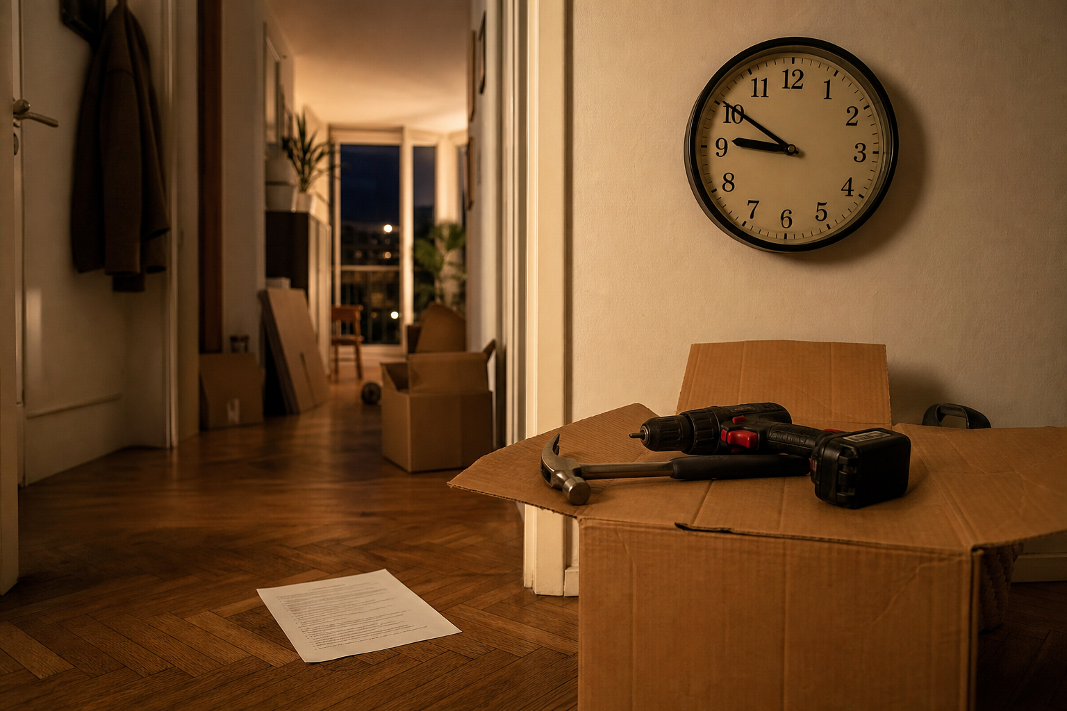 Marteau et perceuse sur un carton, horloge à 21 h 50 dans un couloir.