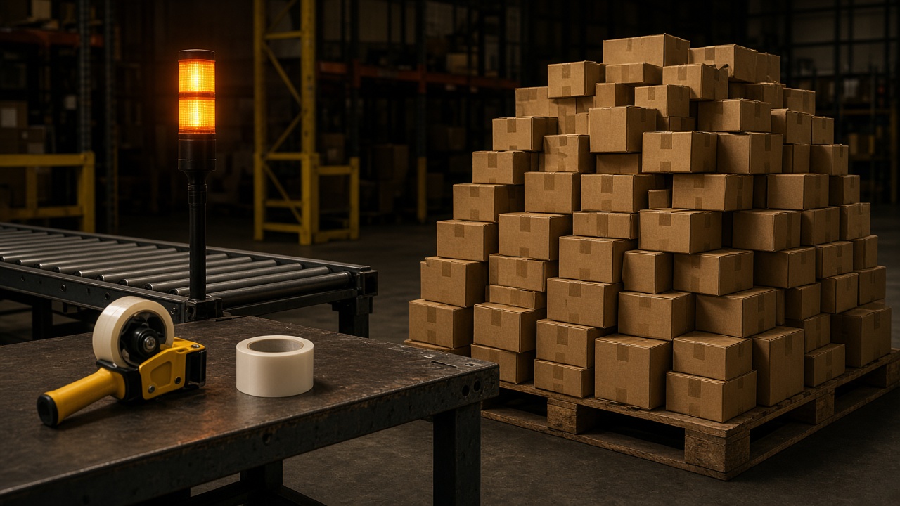 Poste d’emballage, voyant d’aide, tapis arrêté, pile de cartons.