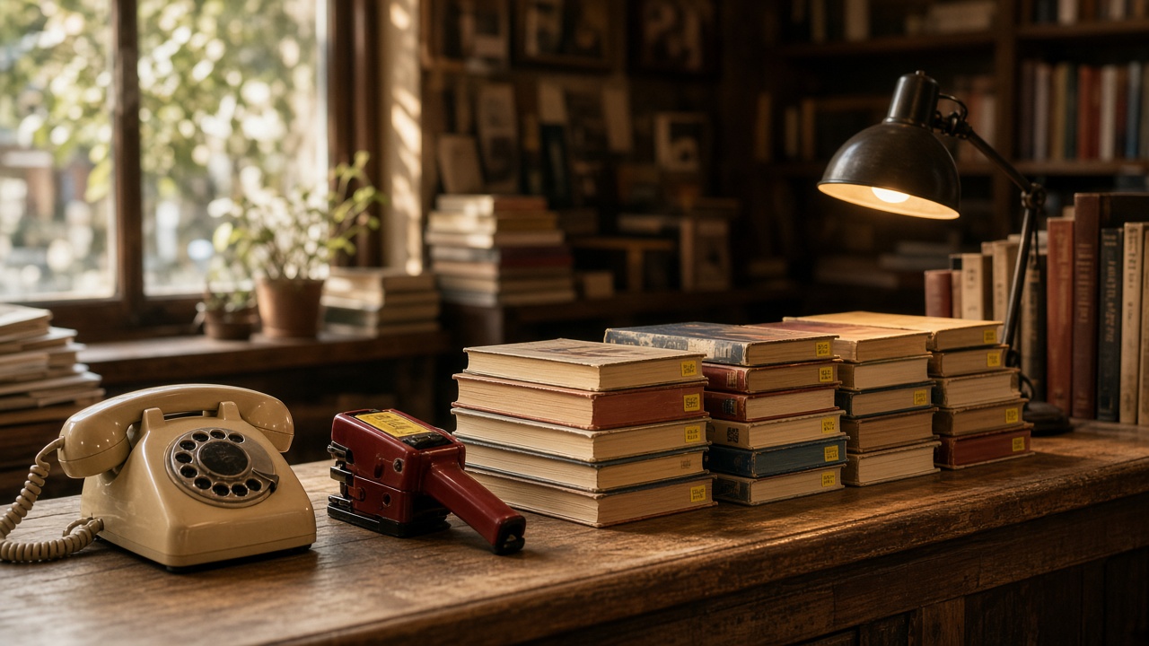 Comptoir de librairie, téléphone, piles de livres, étiqueteuse rouge.