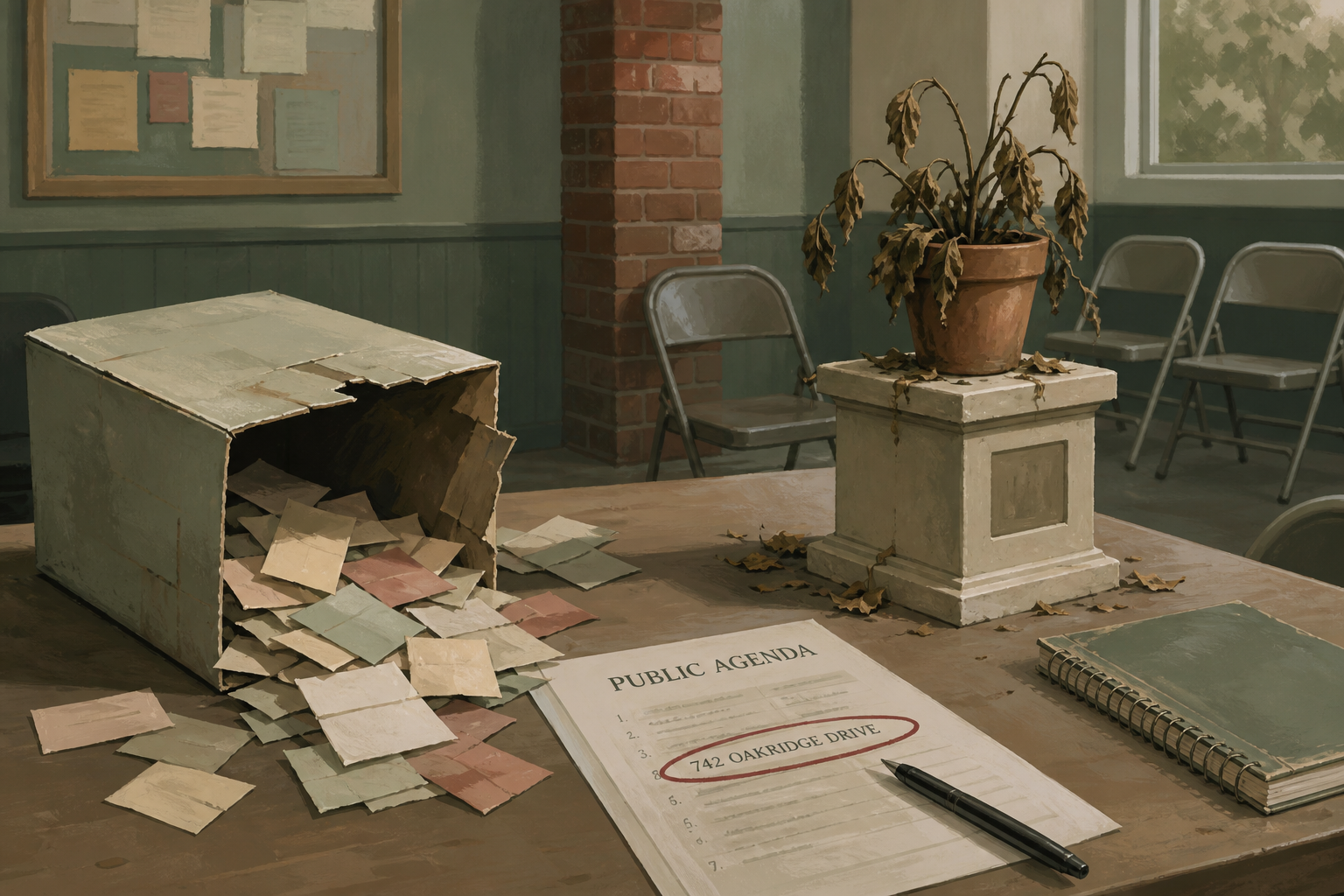 Table de conseil, urne déchirée, plante fanée, ordre du jour à l’adresse cerclée.