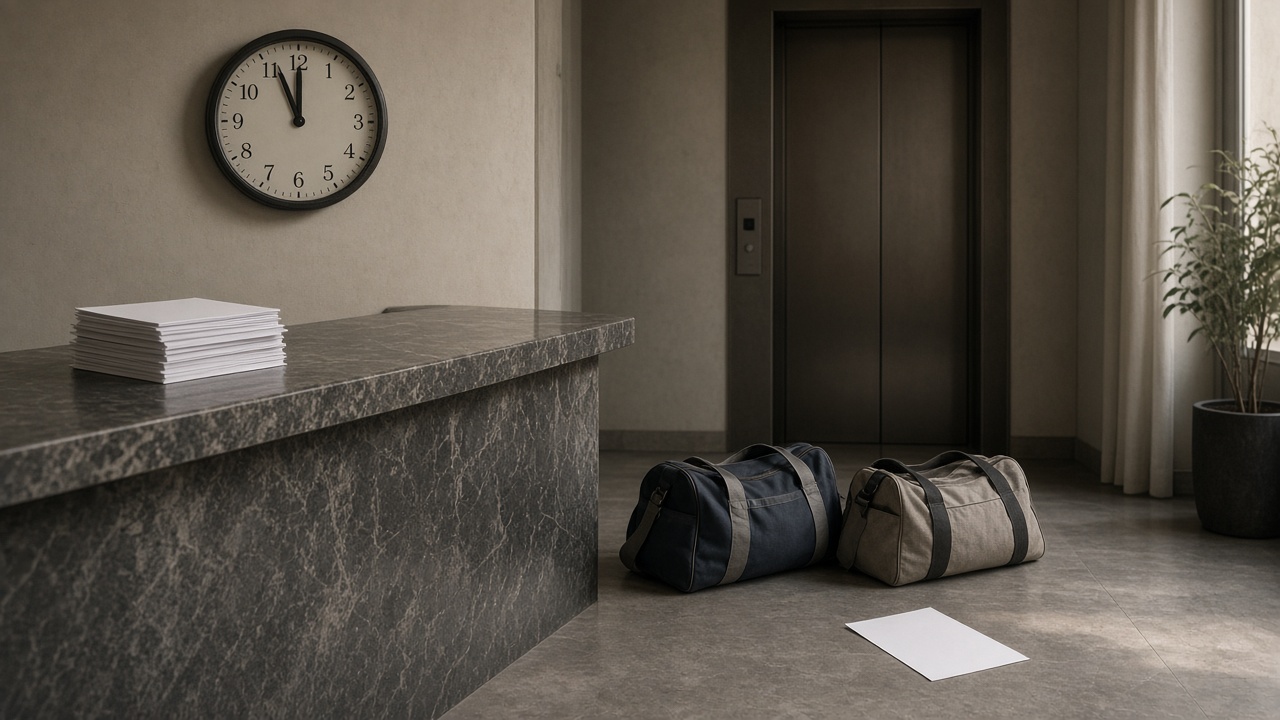 Réception d’hôtel, pile de cartes, horloge à onze heures, sacs de sport près de l’ascenseur.