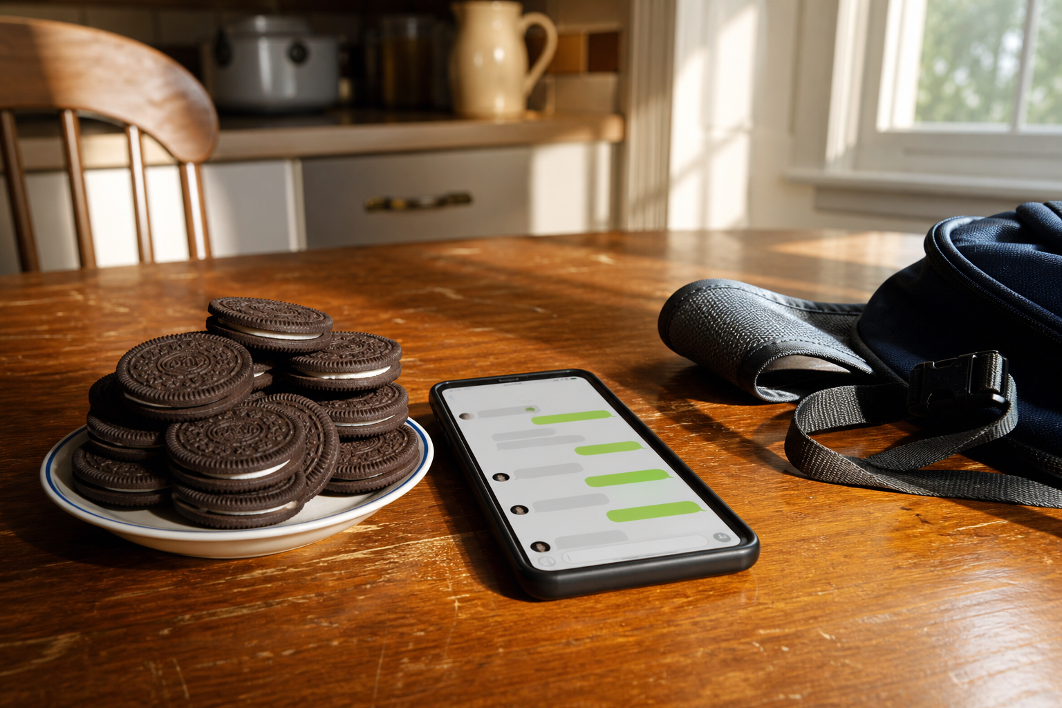 Biscuits empilés près d’un téléphone ouvert sur un fil de discussion.