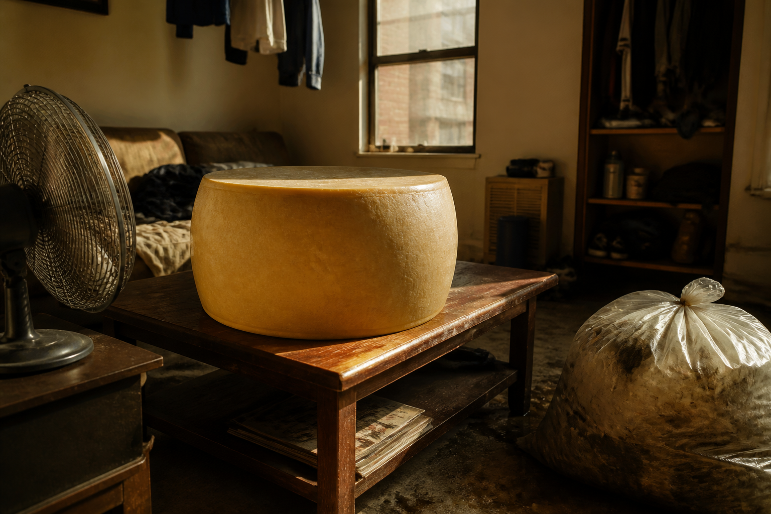Énorme meule de parmesan sur une table basse, ventilateur braqué dessus.