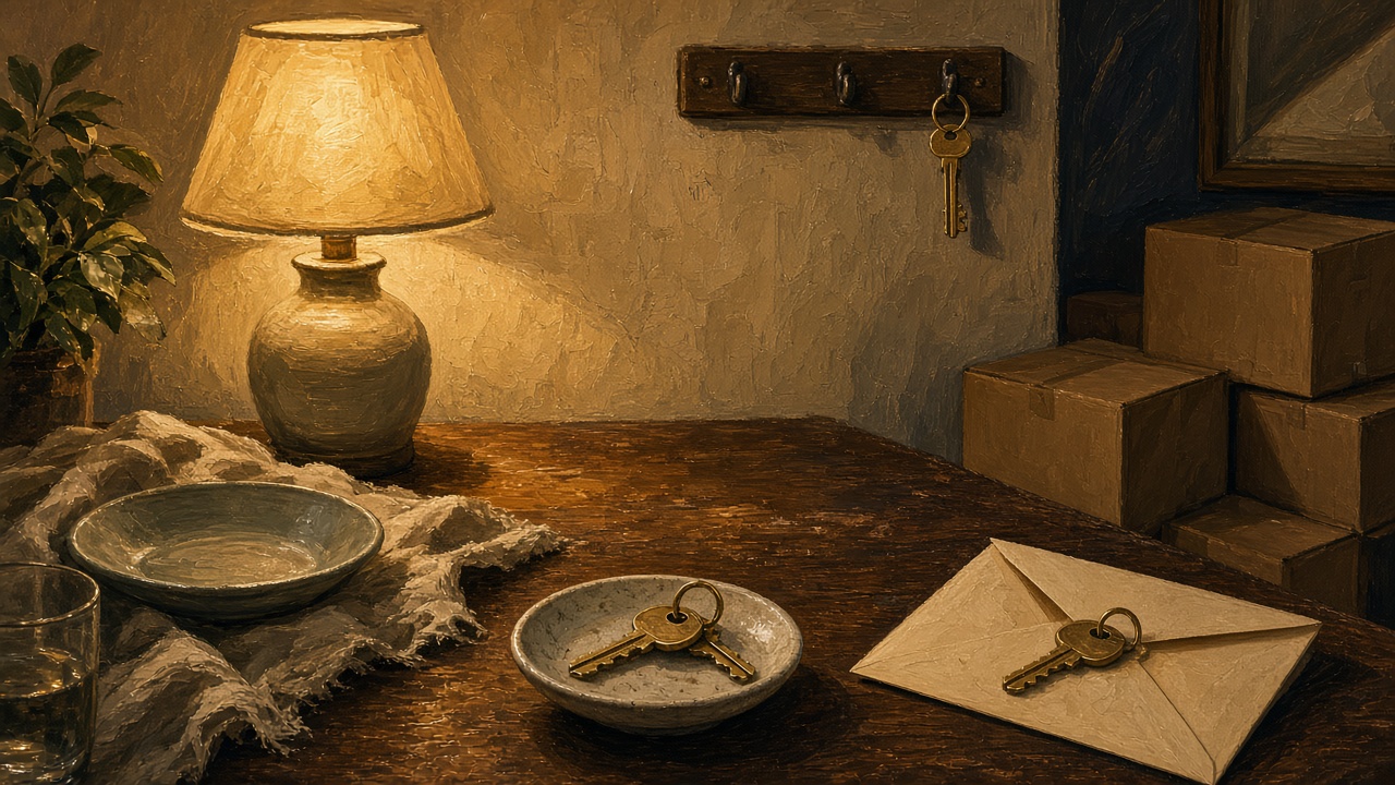 Table de dîner, deux clés dans une coupelle, crochet vide, cartons de déménagement.