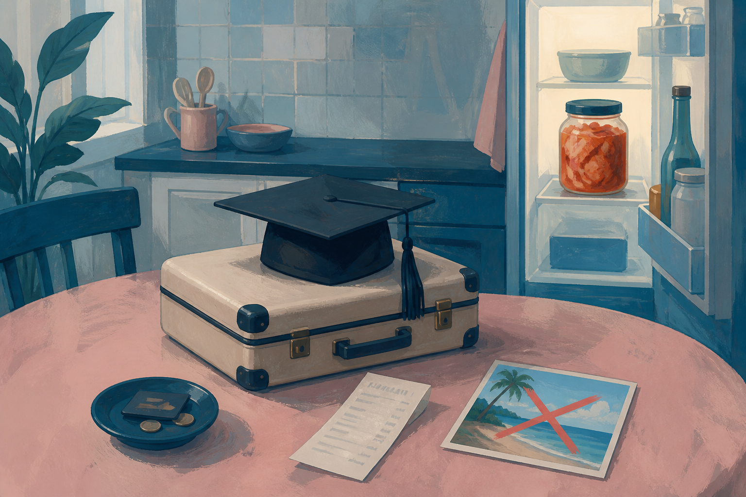 Table de cuisine, toque de diplôme sur une valise, addition, frigo ouvert, carte de plage barrée.