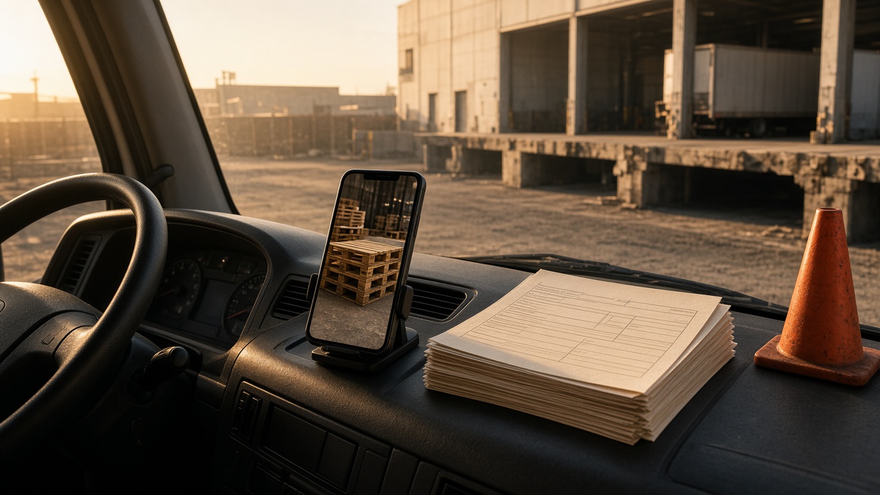 Cabine de camion, téléphone, bons de livraison, quai de chantier.