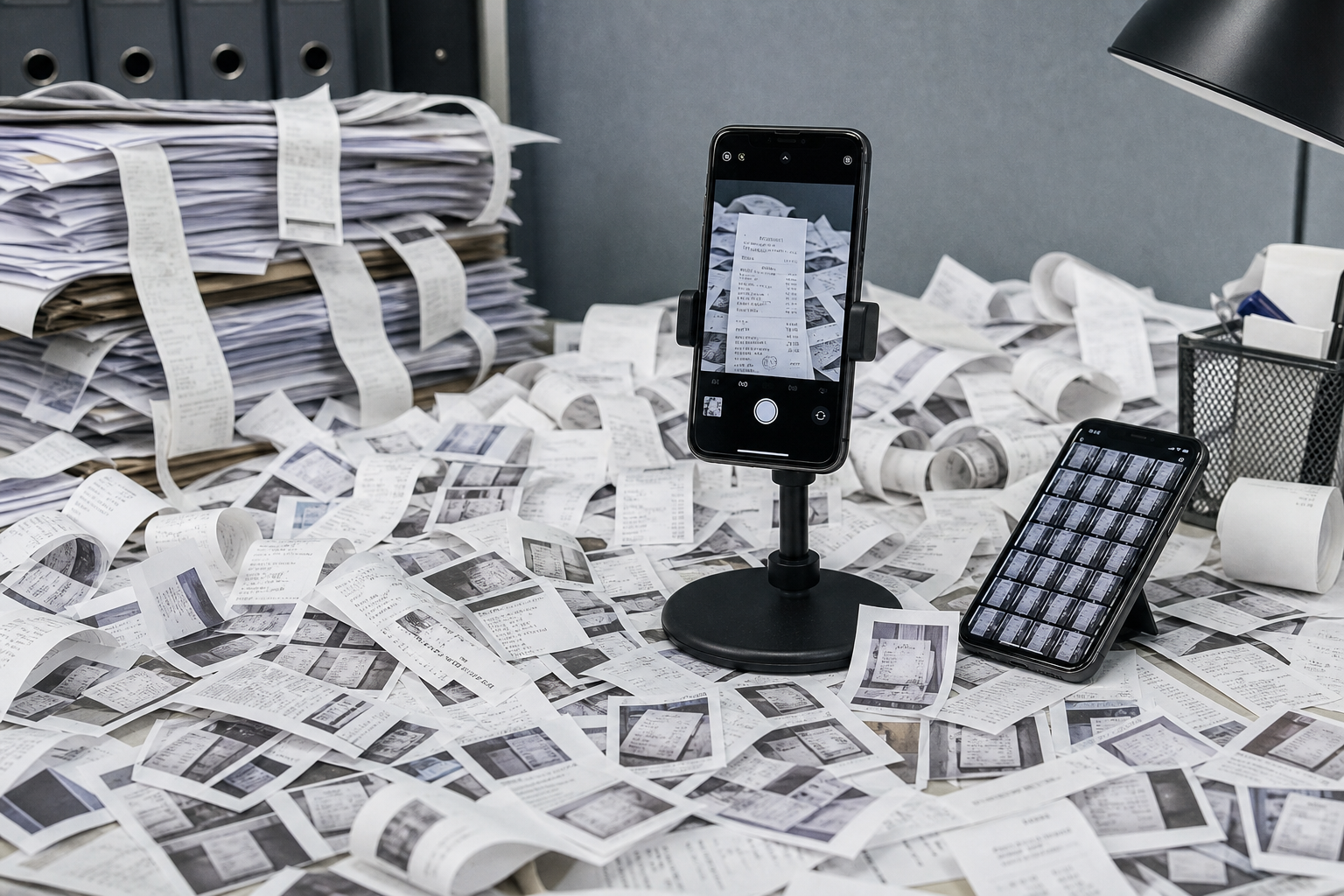Bureau recouvert de tickets, deux téléphones qui photographient encore.