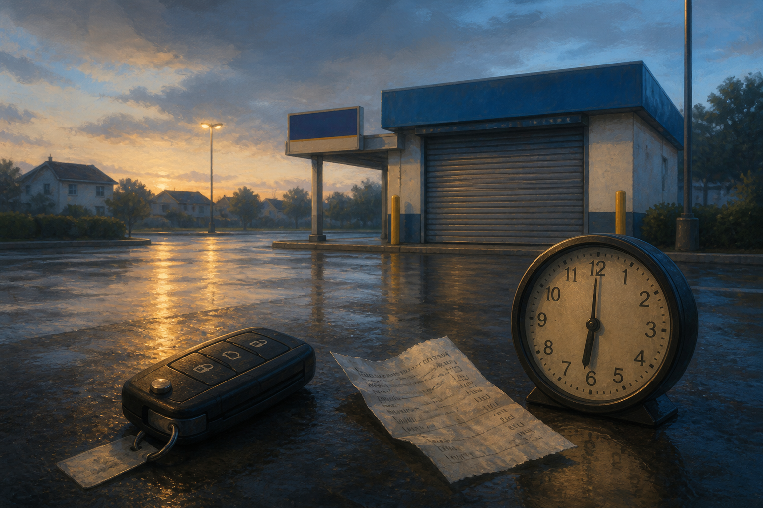 Allée vide à l’aube, clés de location, reçu de taxi, horloge à six heures.