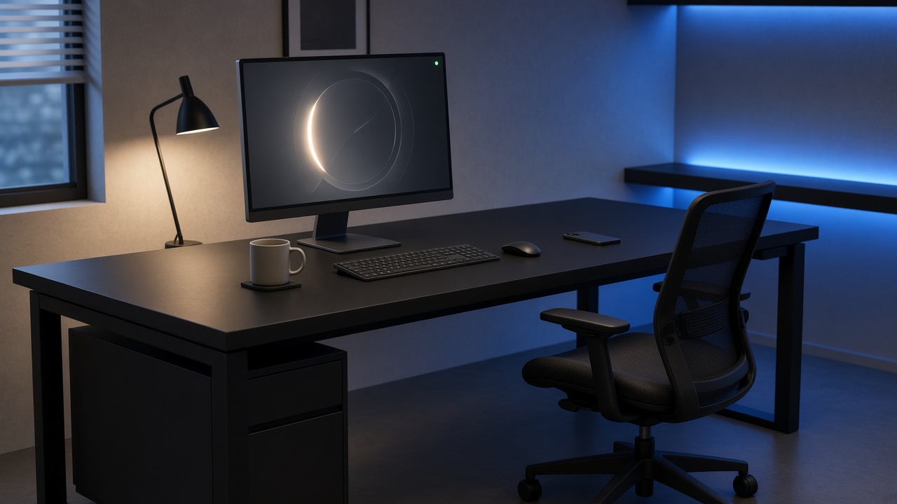 Bureau startup, écran de pointage, chaise vide, téléphone retourné.