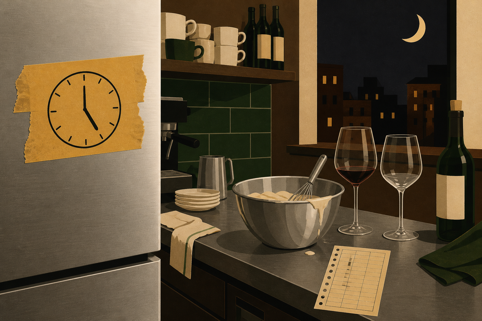Poste de cuisine de bar, ruban de masquage, horloge, verres et glaçage.