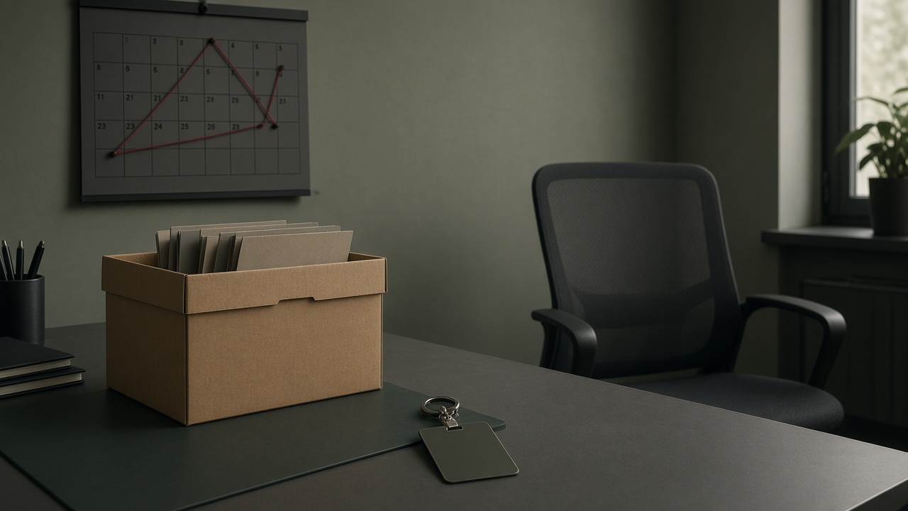 Bureau vide, carton d’archives, calendrier, chaise reculée.