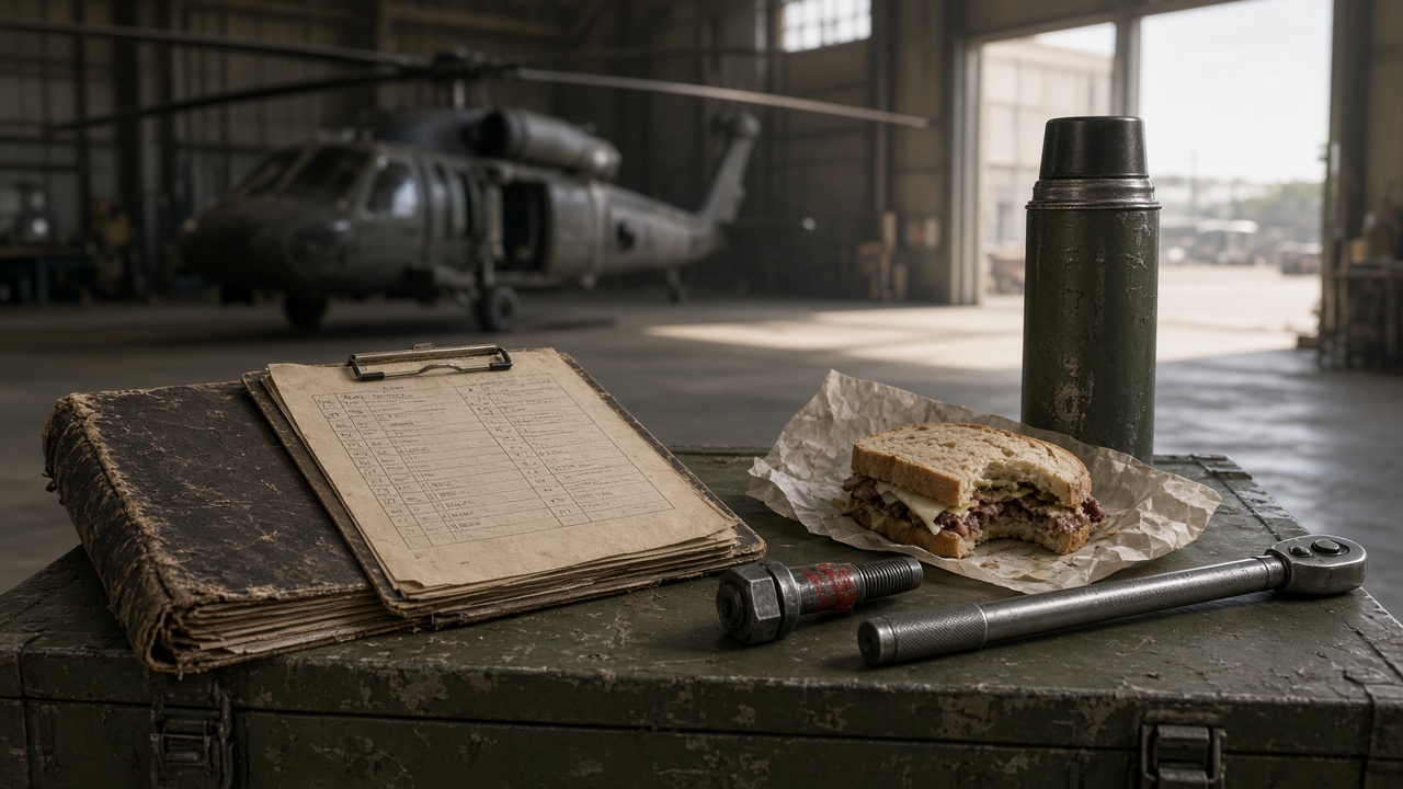 Hangar, carnet de vol, vis à trait de peinture, sandwich à moitié mangé.