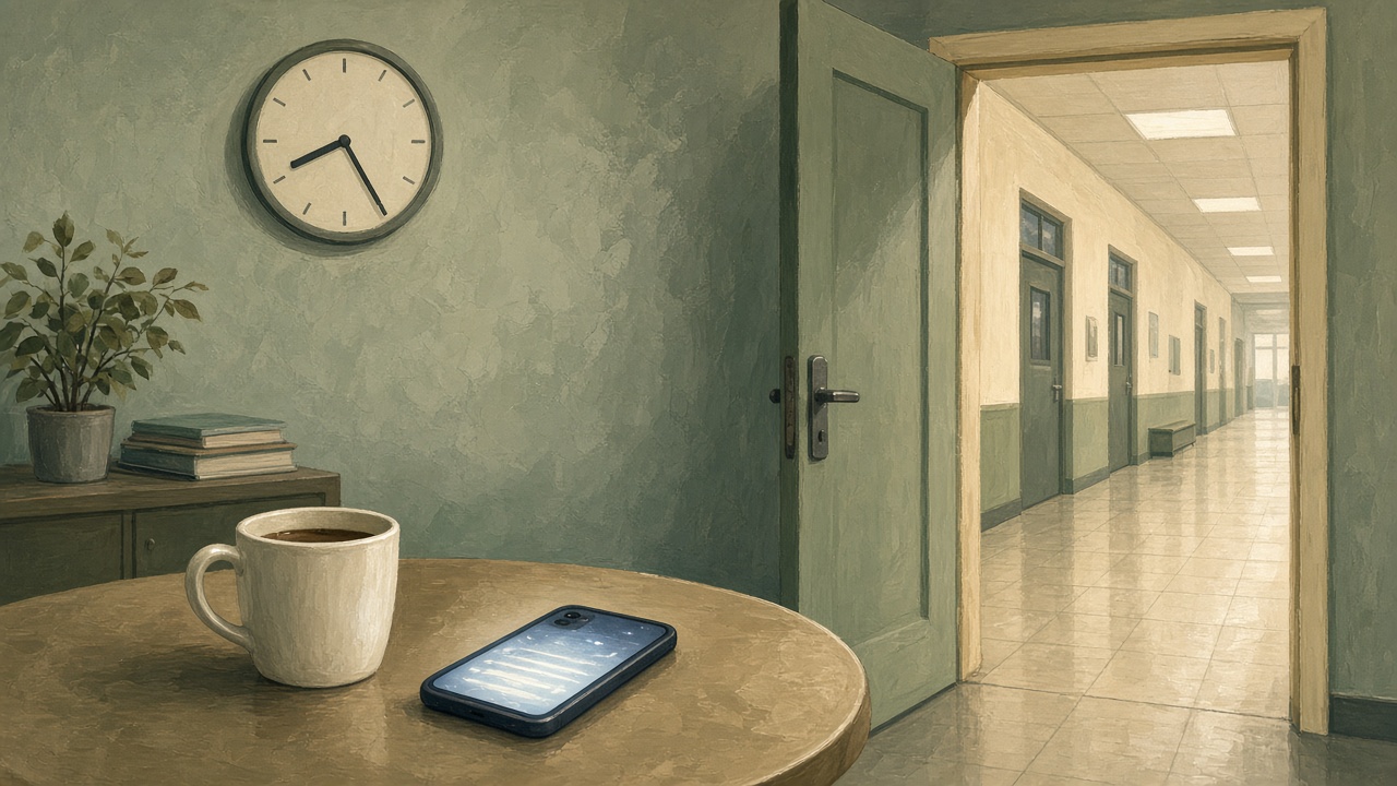 Salle des profs, horloge à 8 h 28, tasse de café, téléphone face contre la table.