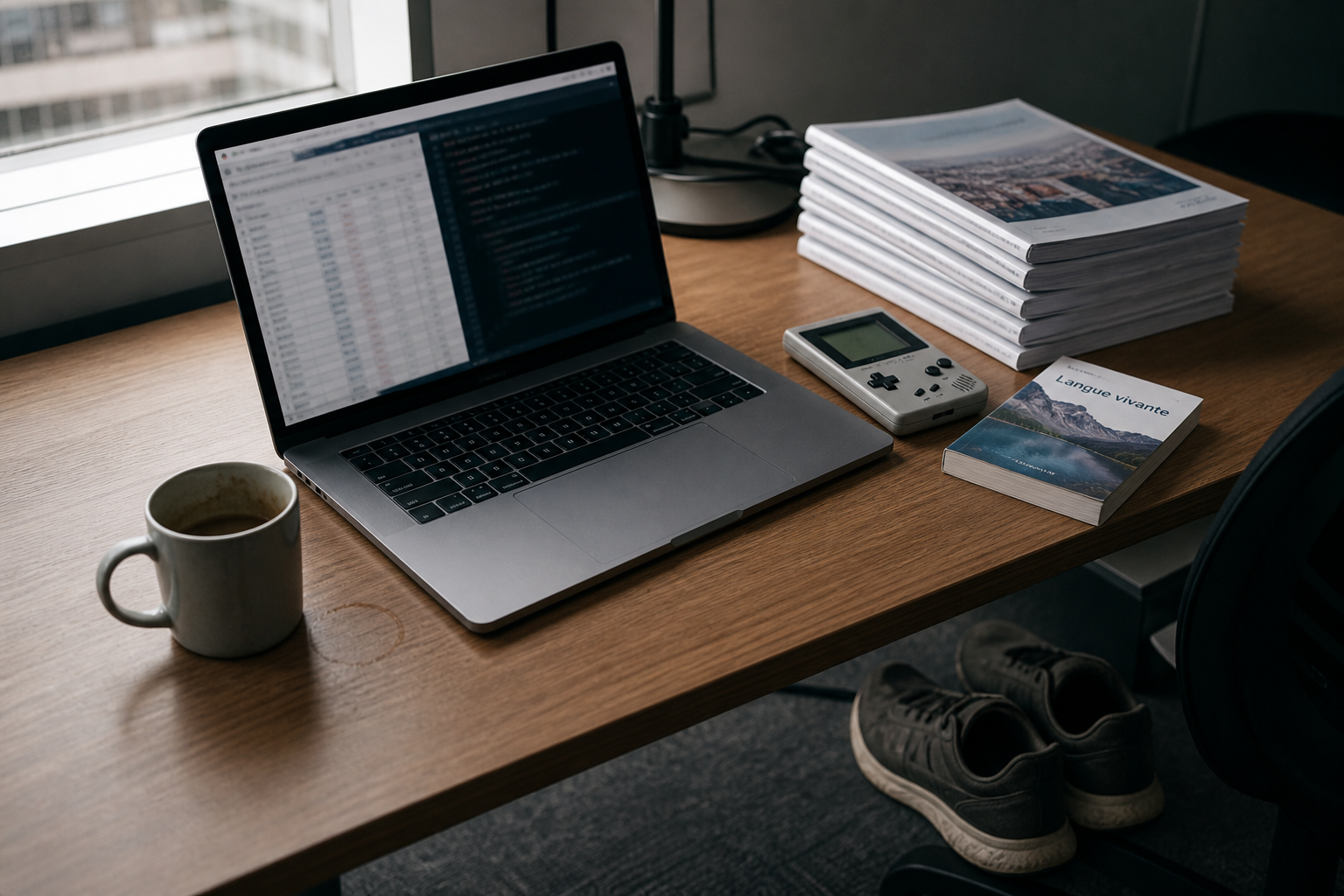 Bureau, laptop, rapports inutilisés, console de jeu et livre de langue.