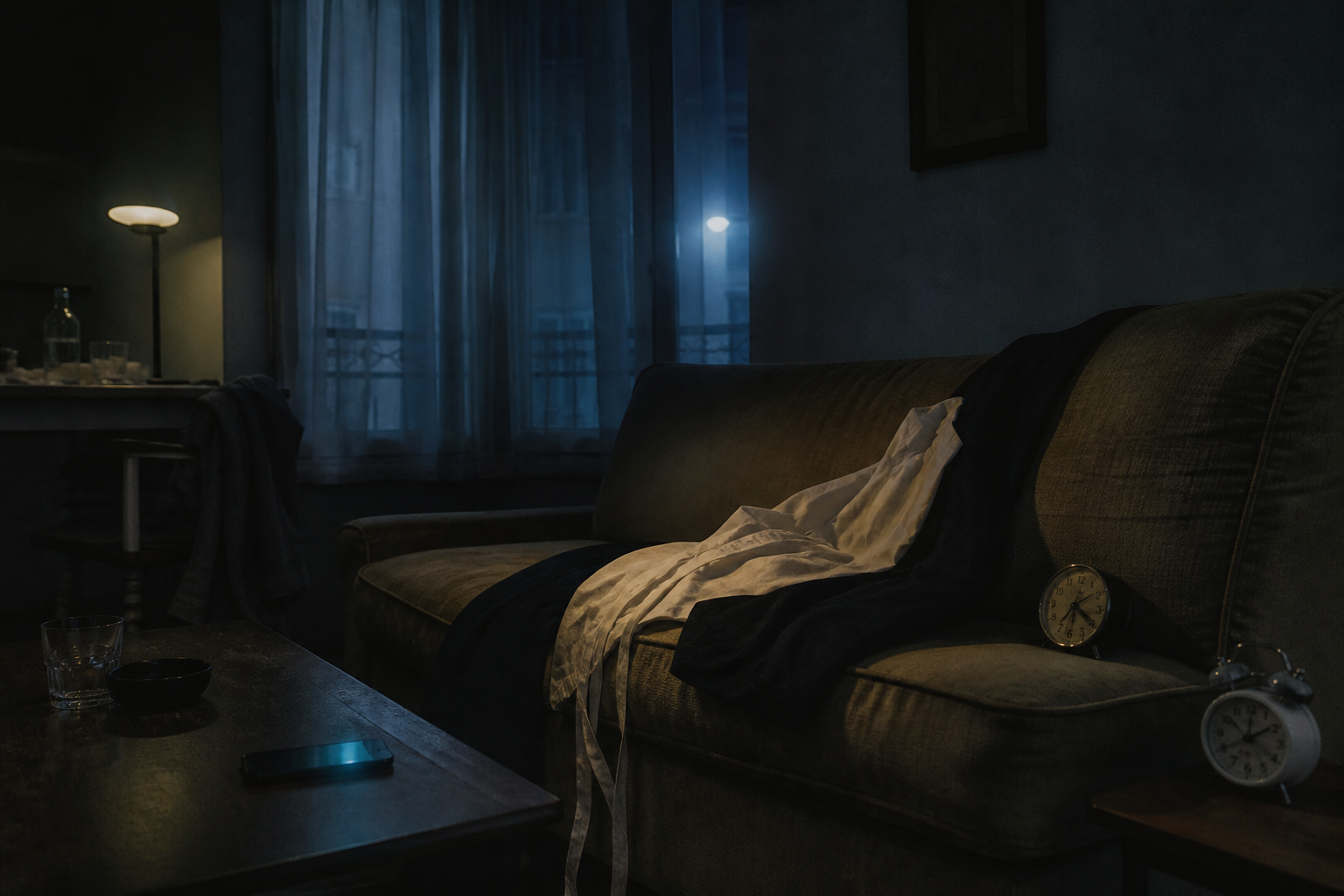 Canapé de nuit, tablier de salle, réveils, téléphone d’appels manqués, lumière bleue de rue.