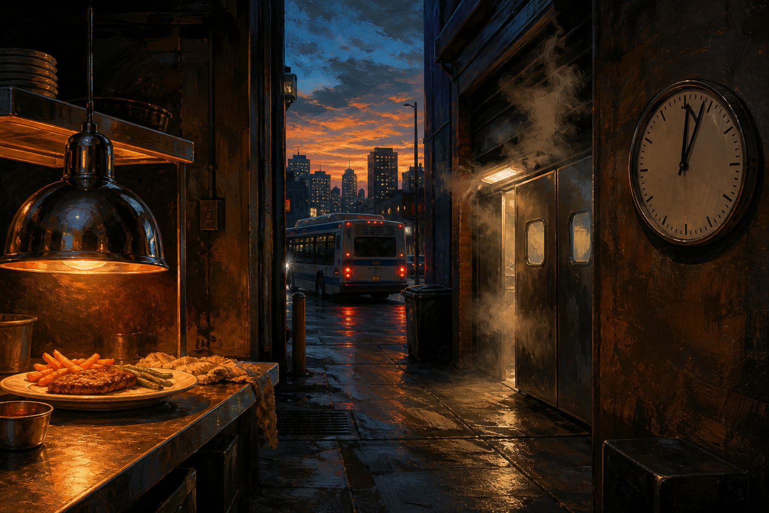 Ruelle de resto, bus qui part, horloge, plat de pause sous la lampe.