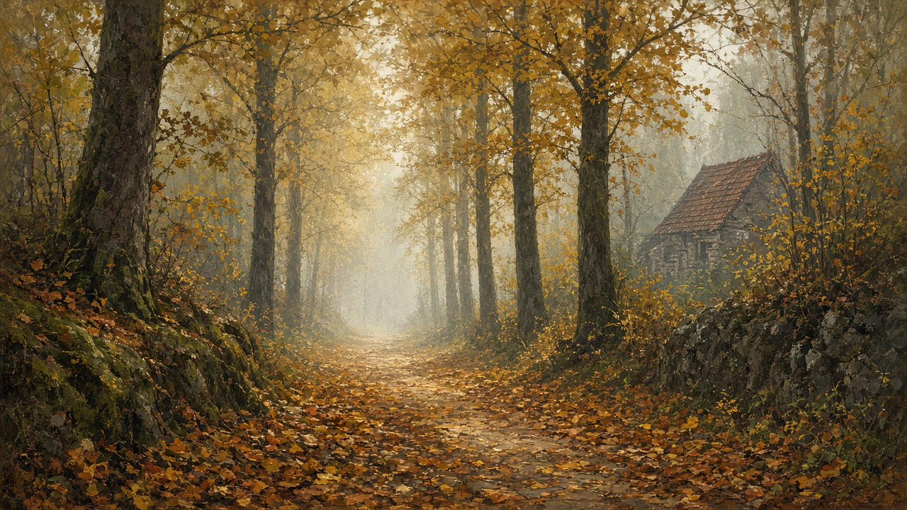 Chemin forestier d’automne, feuilles ocres, brume légère, toit de village au loin, sans visage.