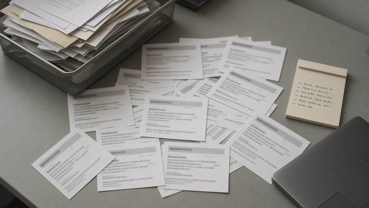 Bureau, mails imprimés à objets différents, corbeille pleine, carnet vague.