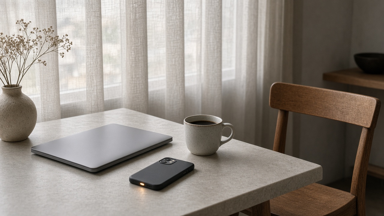 Table de cuisine, ordinateur fermé, téléphone retourné, café froid.