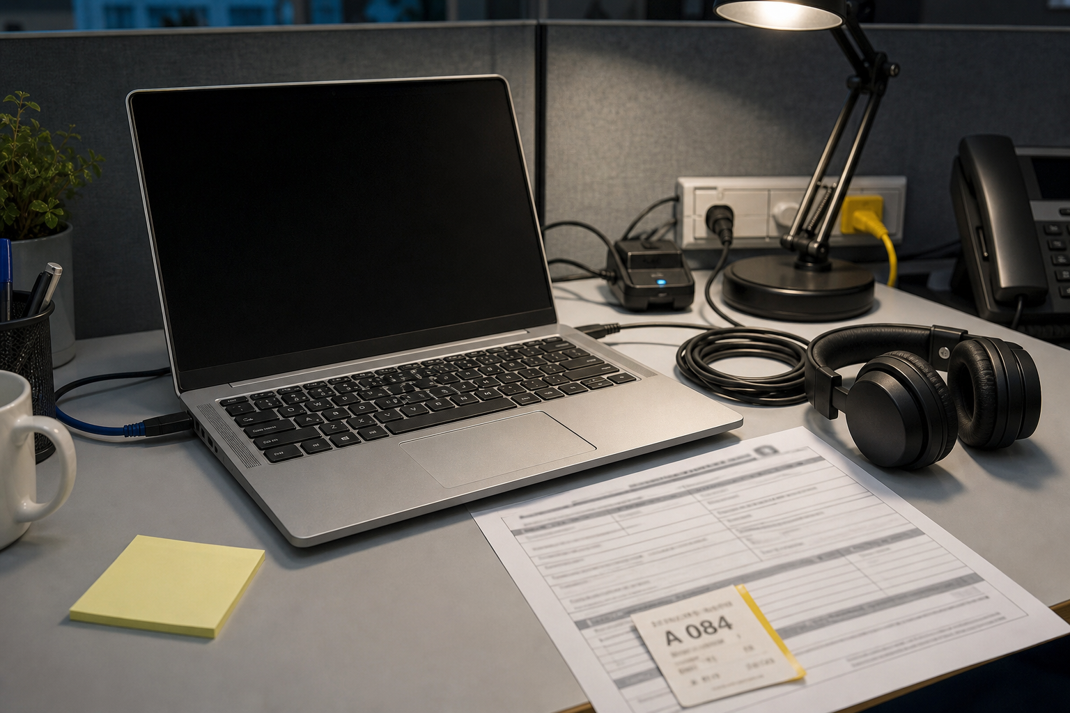 Bureau IT, laptop, casque et formulaire santé-sécurité sous une lampe.