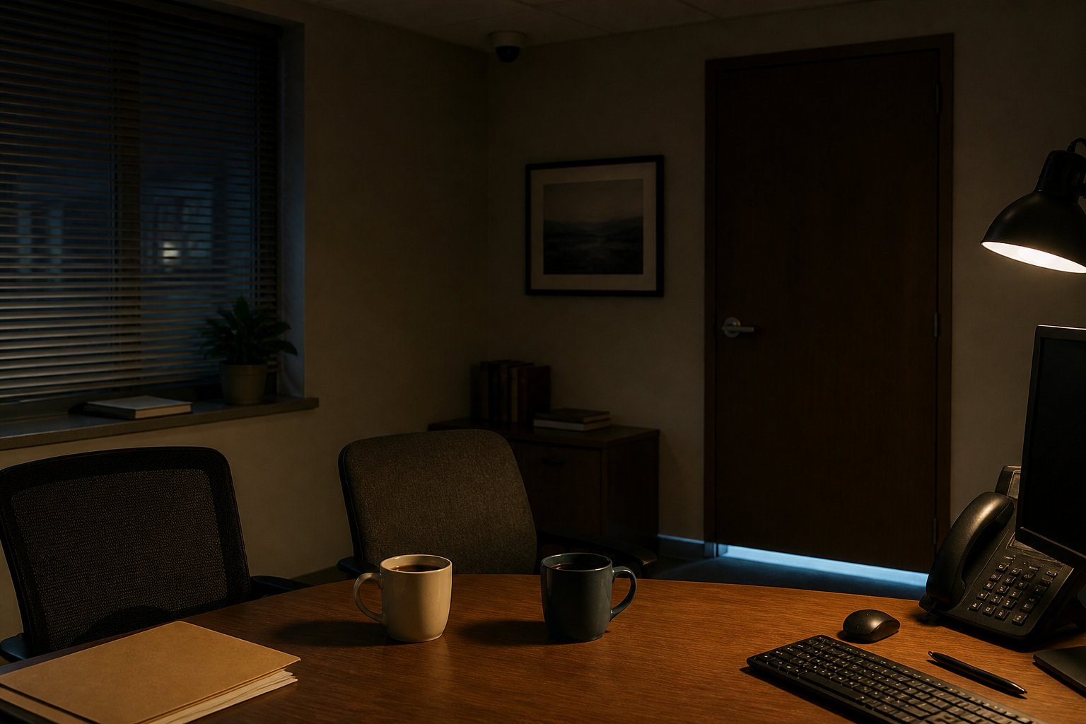 Bureau vide le soir, deux tasses, caméra au plafond.