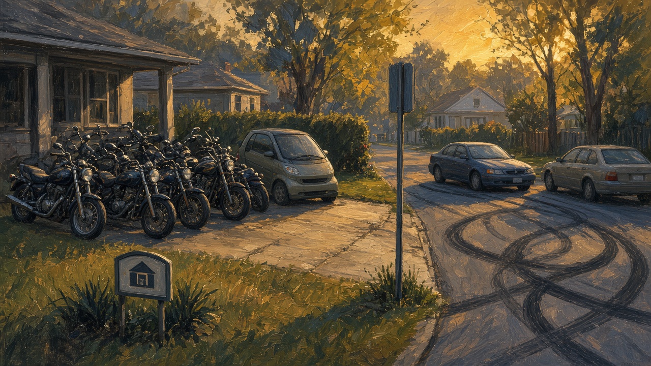 Allée de lotissement, motos et petite voiture, deux berlines sur une rue étroite.