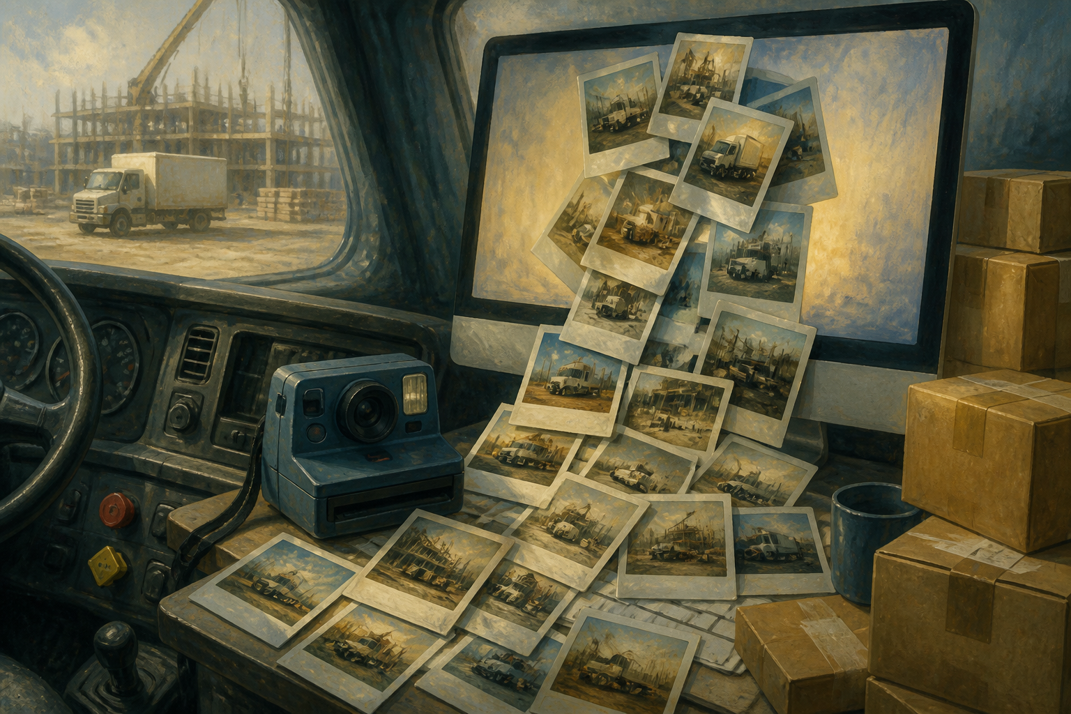 Cabine de camion, appareil photo, Polaroids qui inondent un écran de bureau.