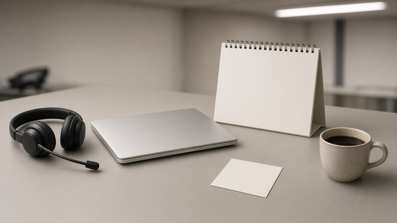 Bureau support, casque, ordinateur fermé, calendrier blanc, café.