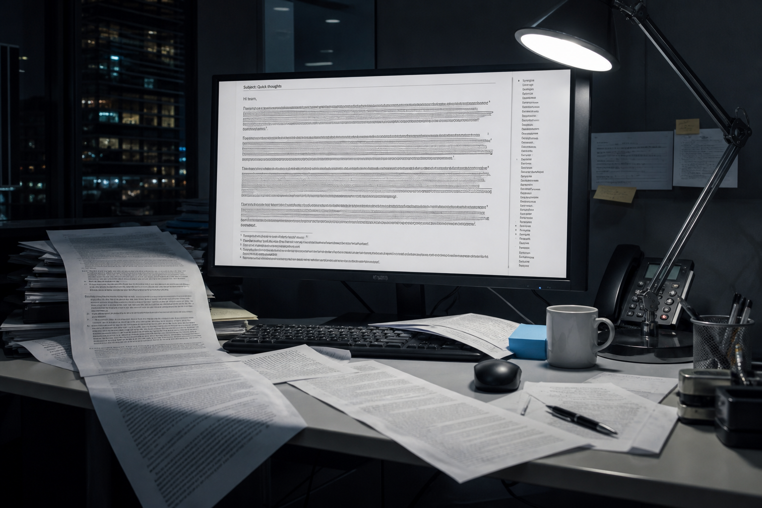 Écran de nuit, e-mail interminable avec notes de bas de page, bureau encombré.